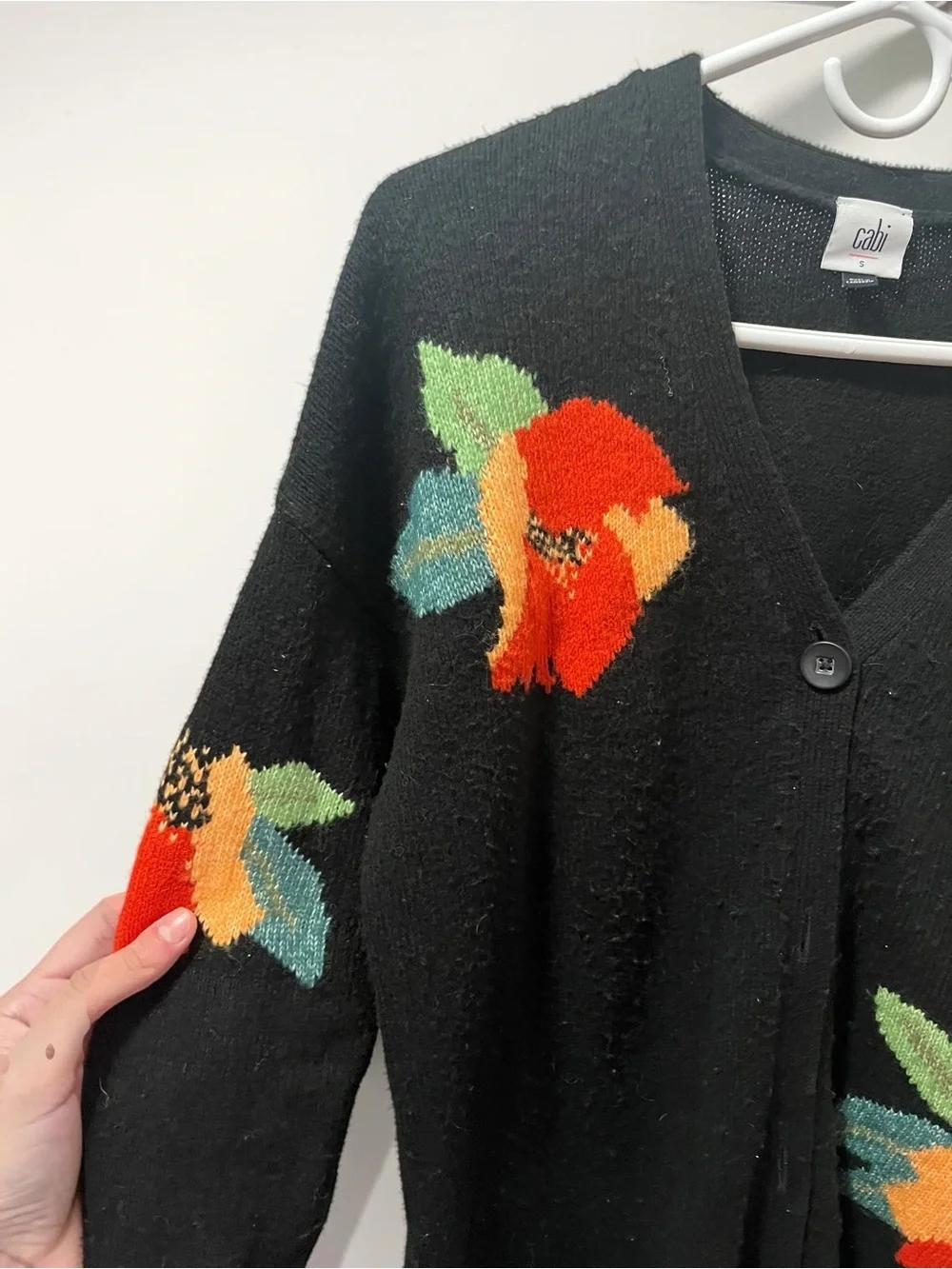 CAbi Black Floral Button-Front Cardigan with Red and Orange Flowers Size Small - Picture 8 of 9